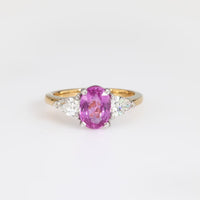 GIA 2 carat pink sapphire diamond 18k yellow gold three stone ring