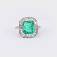 Mid Century French GIA 2 Carat Emerald Diamond 18K White Gold Cluster Ring