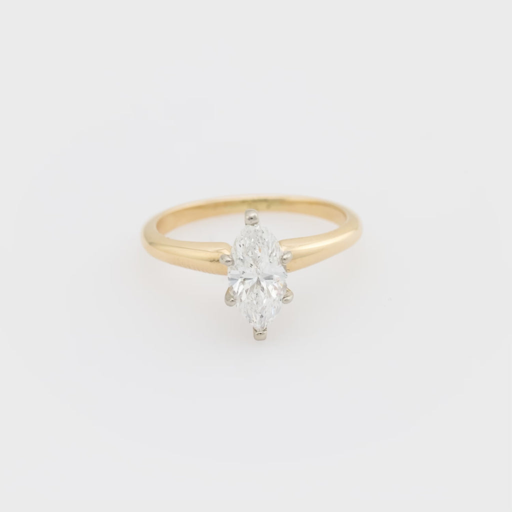 Vintage GIA .76 carat marquise cut diamond 14k yellow gold engagement ring