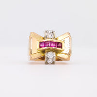 Retro Ruby Diamond 18K Yellow Gold Tank Ring