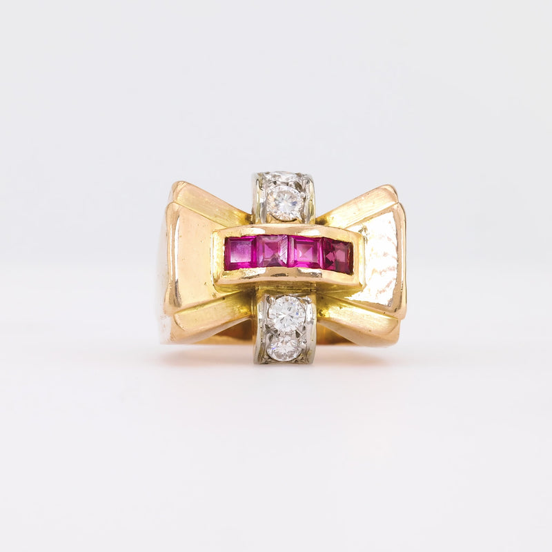 Retro Ruby Diamond 18K Yellow Gold Tank Ring