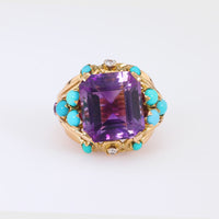 Retro French 11 Carat Amethyst Turquoise Diamond 18K Yellow Gold Cocktail Ring