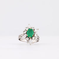 Mid Century French Emerald Diamond 18K White Gold Spray Cluster Ring