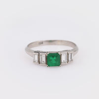 Vintage emerald diamond platinum five stone ring