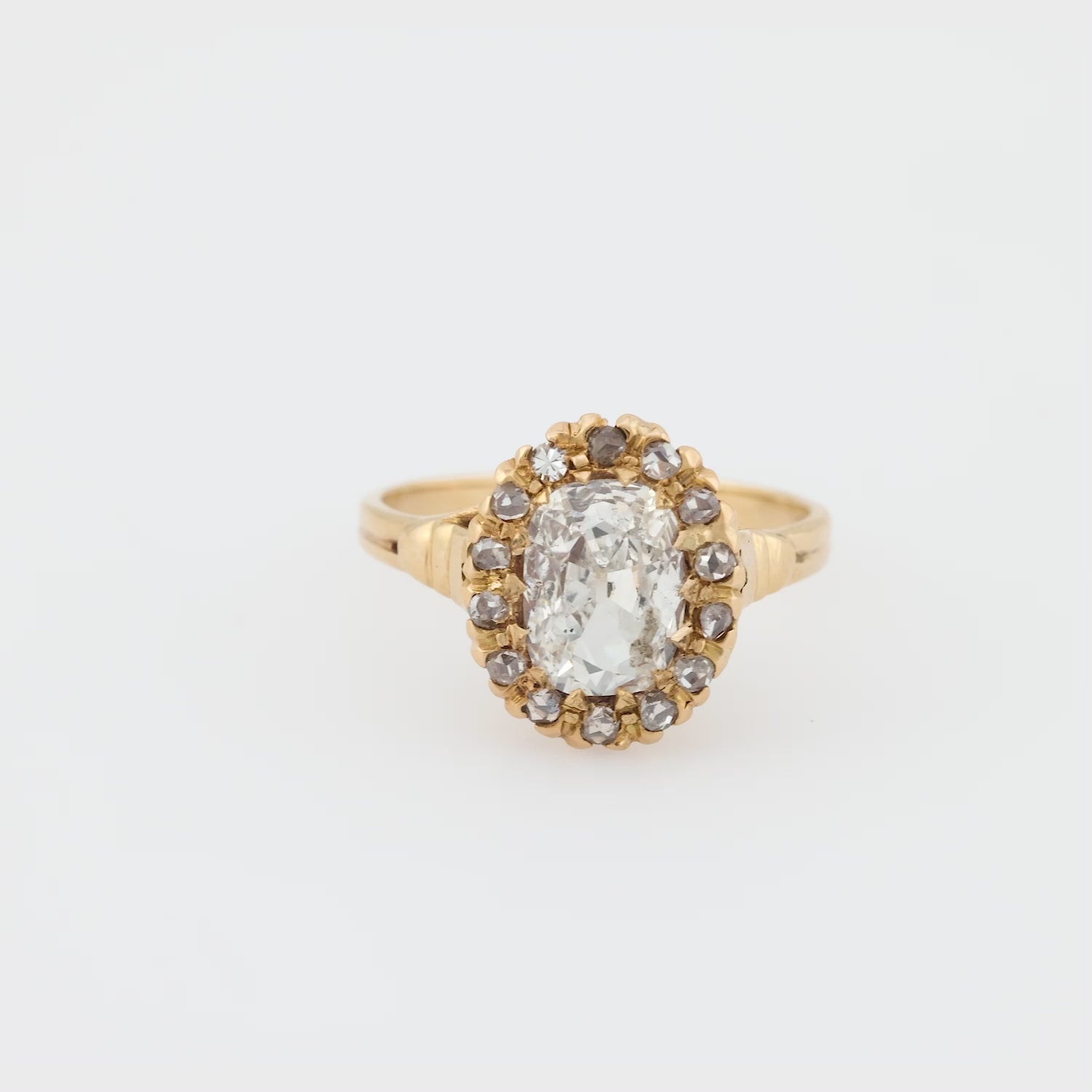 Victorian GIA 1.07 carat old mine cut diamond 14k yellow gold cluster ring