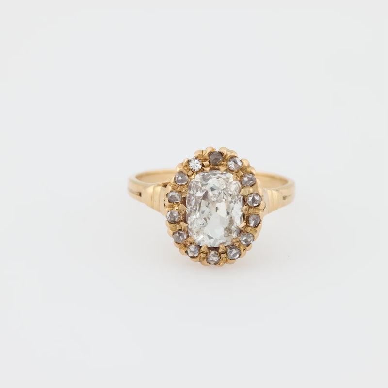 Victorian GIA 1.07 carat old mine cut diamond 14k yellow gold cluster ring