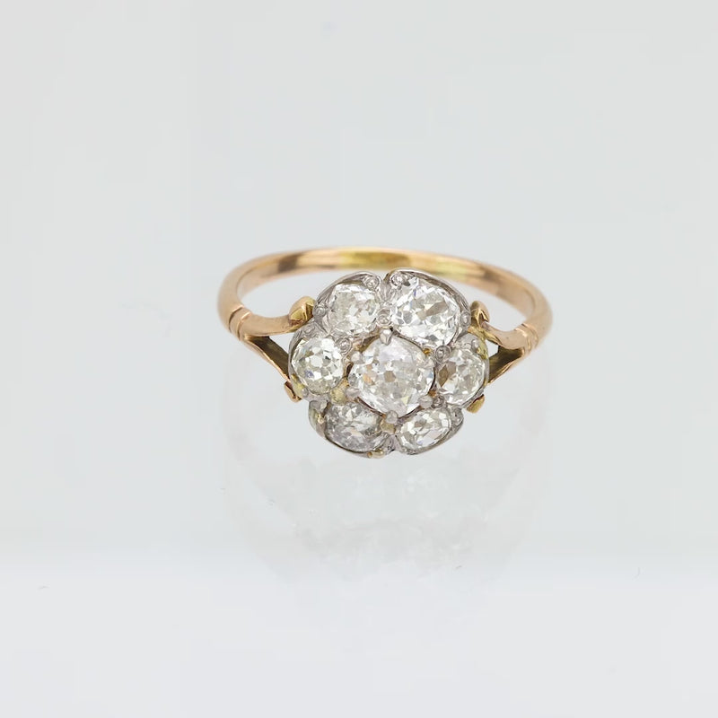 Edwardian 3.50 carat old mine diamond 18k yellow gold cluster ring