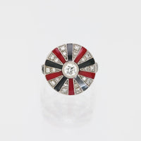 Art Deco style diamond red and black enamel platinum cocktail ring