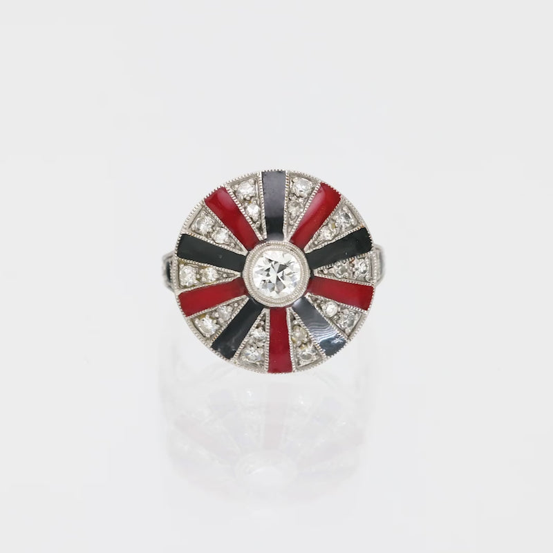 Art Deco style diamond red and black enamel platinum cocktail ring