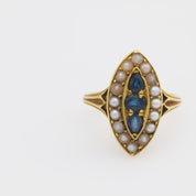 Victorian sapphire seed pearl 18k yellow gold navette ring