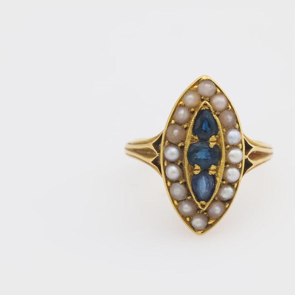 Victorian sapphire seed pearl 18k yellow gold navette ring