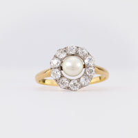 Edwardian Pearl Diamond 18K Yellow Gold Cluster Ring