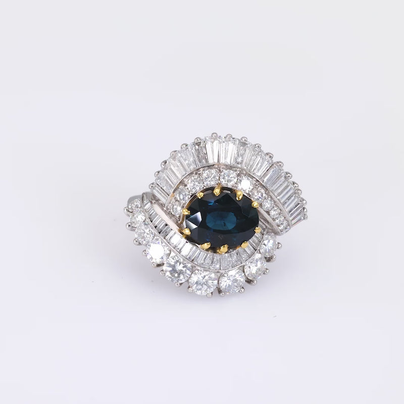 Vintage Austrian GIA 2.05 Carat Sapphire Diamond White Gold Cocktail Ring