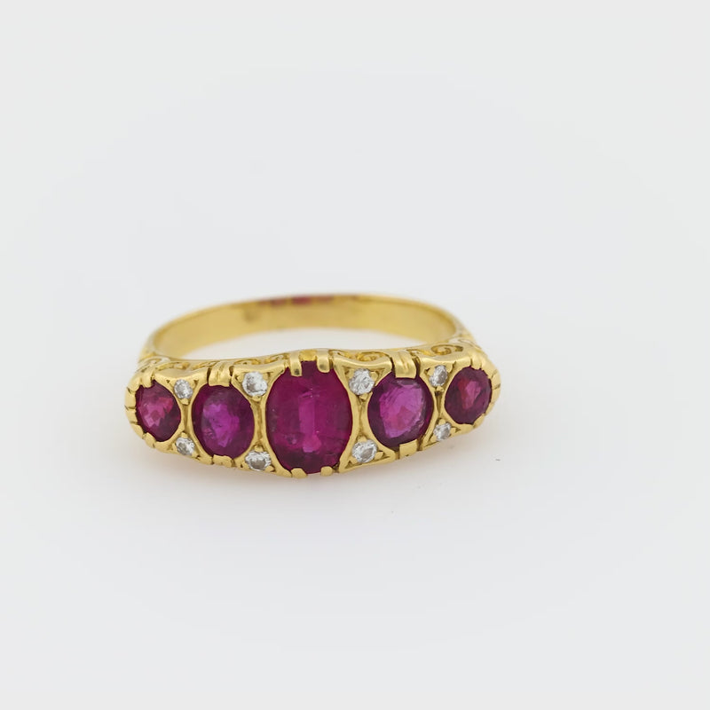French Victorian 2.20 carat ruby 18k yellow gold 5 stone ring