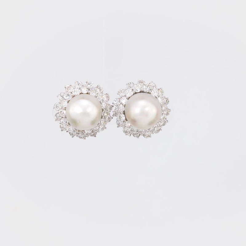 Mid Century South Sea Pearl 7 Carat Total Weight Diamond Platinum Cluster Studs