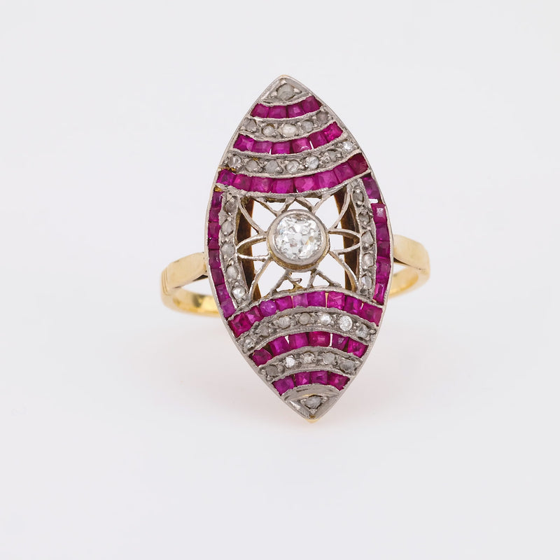 Edwardian diamond ruby 18k yellow gold navette ring