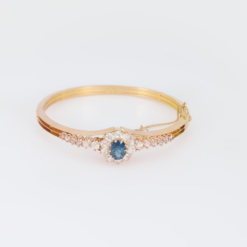 Antique French 1.60 carat sapphire diamond 18k rose gold bangle