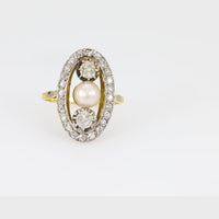 Belle Époque French natural pearl diamond 18k yellow gold ring