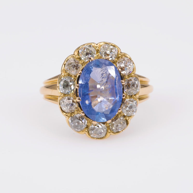 Victorian 2 Carat Sapphire Diamond 18K Yellow Gold Cluster Ring