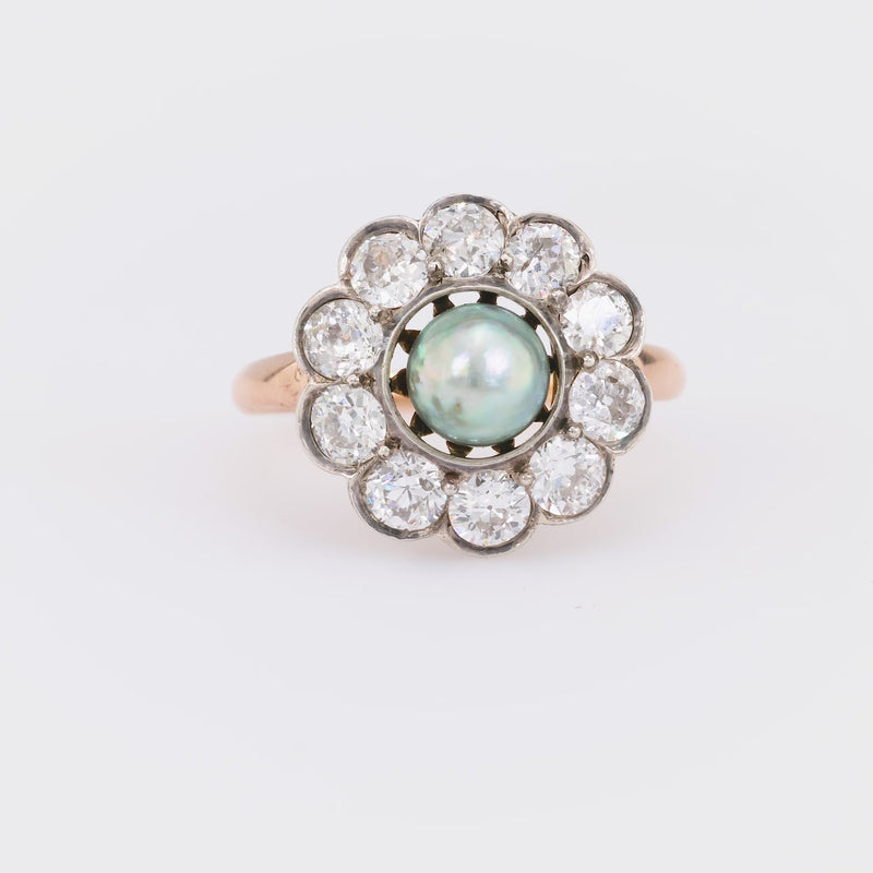 Edwardian Tahitian Pearl Diamond 14K Rose Gold Silver Cluster Ring