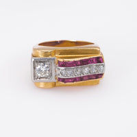 Retro French 0.25 Carat Old European Diamond and Ruby 18k Yellow Gold Tank Ring