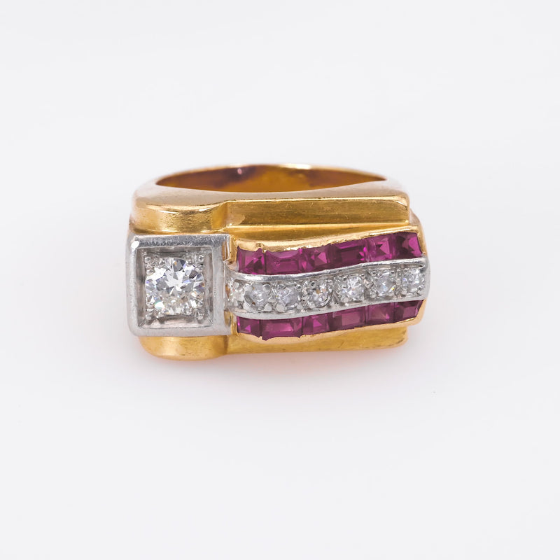 Retro French 0.25 Carat Old European Diamond and Ruby 18k Yellow Gold Tank Ring