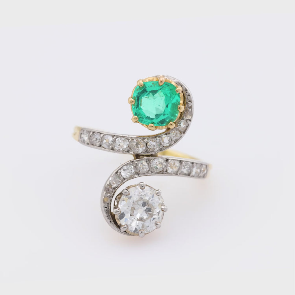 Edwardian diamond emerald 18k yellow gold silver Toi Et Moi ring