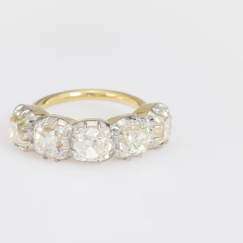 GIA 5.80 carat old mine diamond 18k yellow gold five stone ring