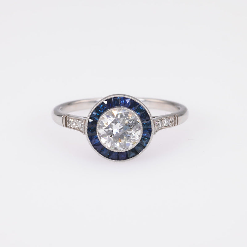 Art Deco Inspired 0.81 Carat Diamond Sapphire Platinum Target Ring