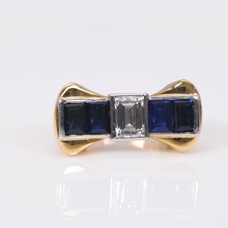 Retro Diamond Sapphire 14K Yellow Gold Platinum Cocktail Ring