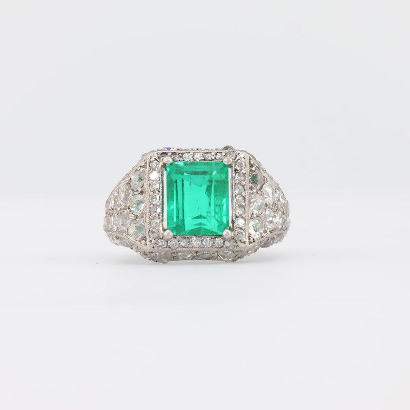 Art Deco GIA 2.02 Carat Emerald Diamond Platinum Ring