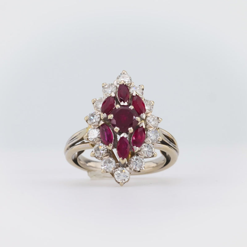 Mid Century French Ruby Diamond 18K White Gold Navette Ring