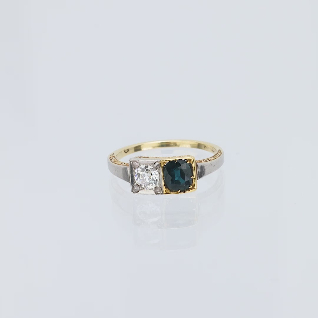 Art Deco Austrian diamond sapphire 14k yellow gold Toi Et Moi ring