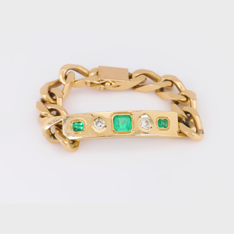 Vintage French Colombian Emerald Diamond 18K Yellow Gold Bracelet