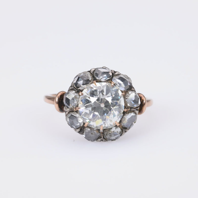 Antique Style 1.74 Carat Old Mine Diamond 18K Rose Gold Silver Cluster Ring