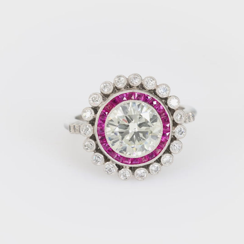 Art Deco style 1.95 carat diamond ruby platinum target ring