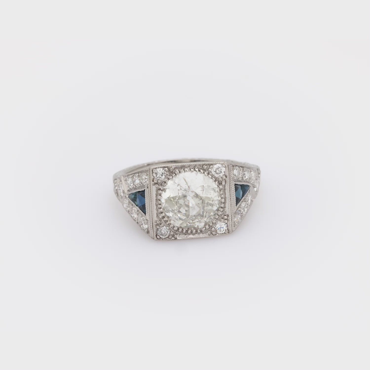 Art Deco GIA 2.11 carat diamond sapphire platinum engagement ring