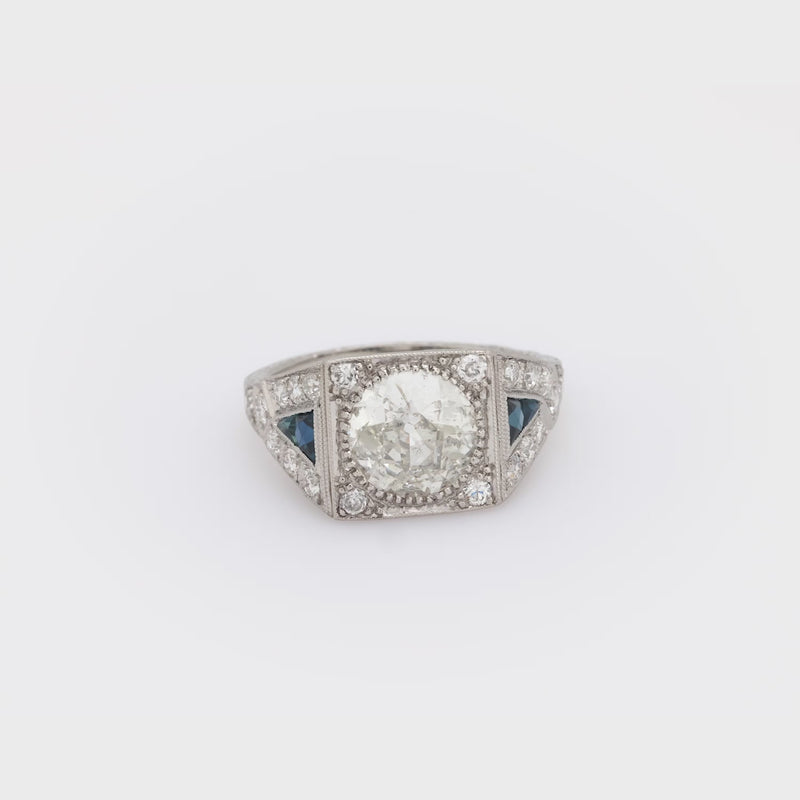 Art Deco GIA 2.11 carat diamond sapphire platinum engagement ring