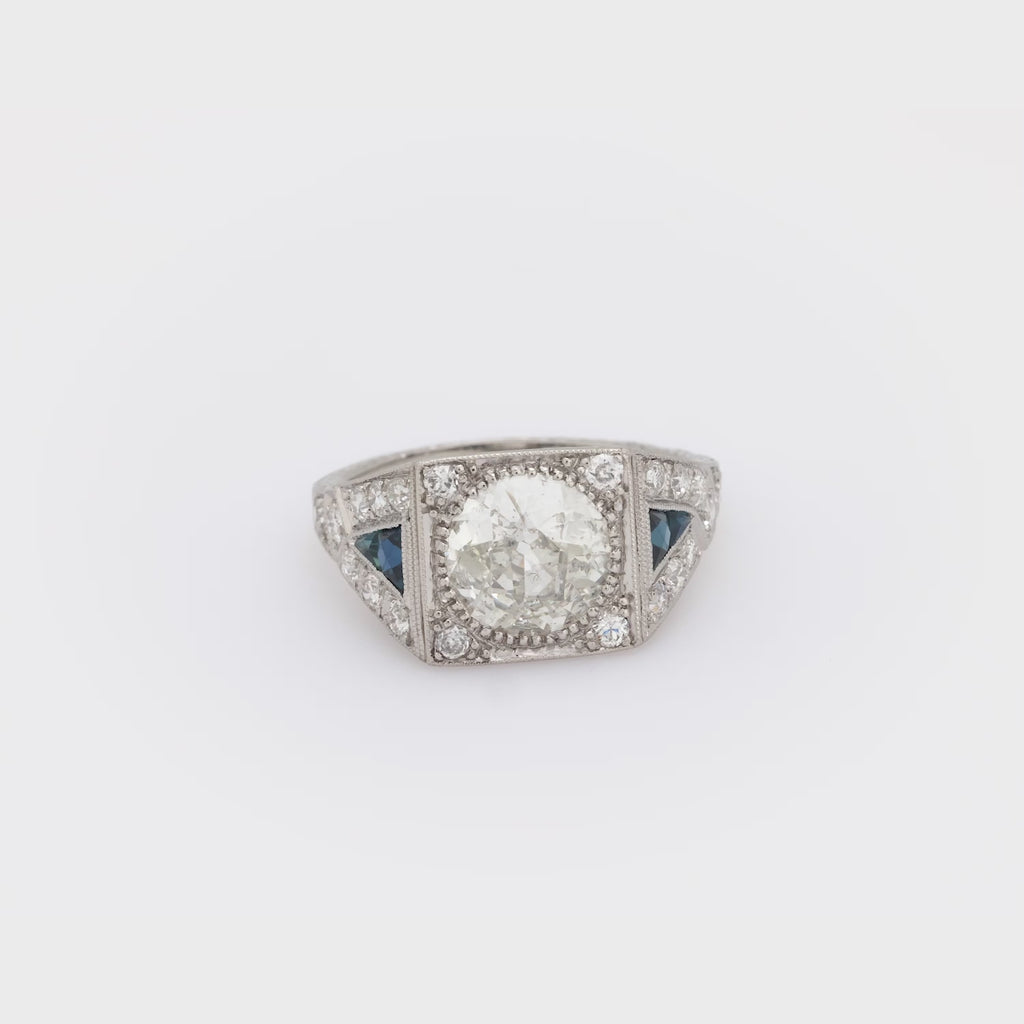 Art Deco GIA 2.11 carat diamond sapphire platinum engagement ring