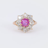 Victorian French Pink Sapphire Diamond 18K Rose Gold Cluster Ring