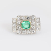 Art Deco style 1.17 carat emerald diamond platinum Tank ring