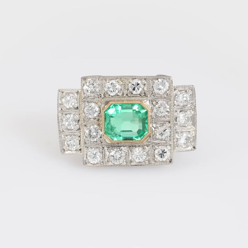 Art Deco style 1.17 carat emerald diamond platinum Tank ring