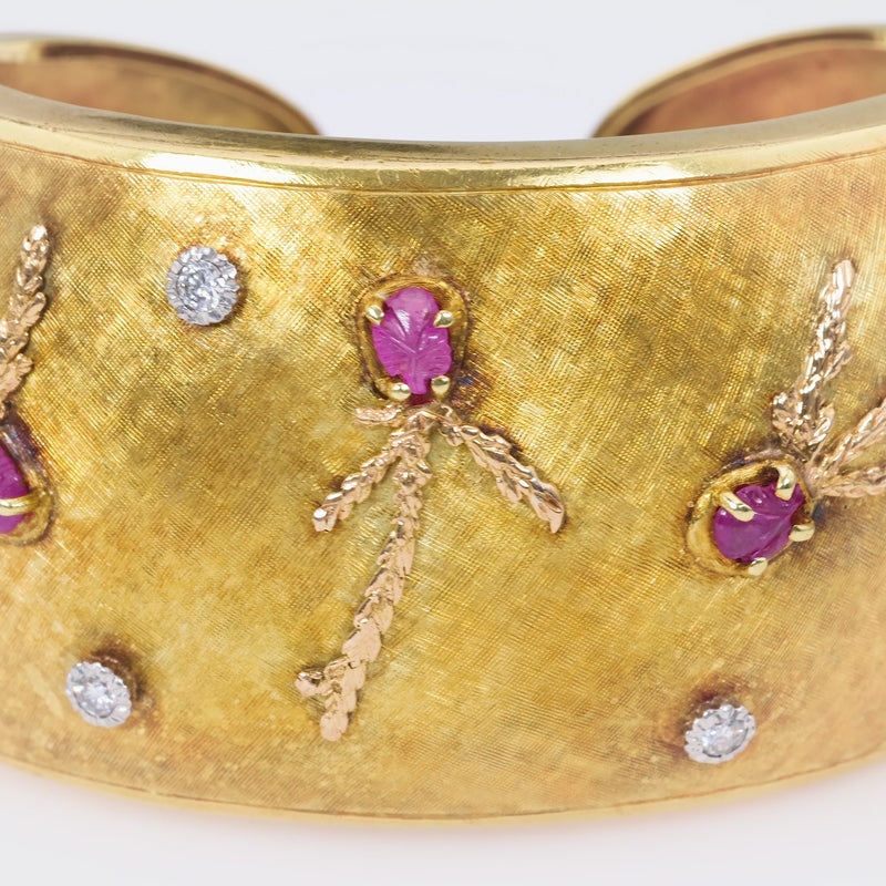 Mid-Century Ruby Diamond 18K Yellow Gold Cuff Bangle Bracelet