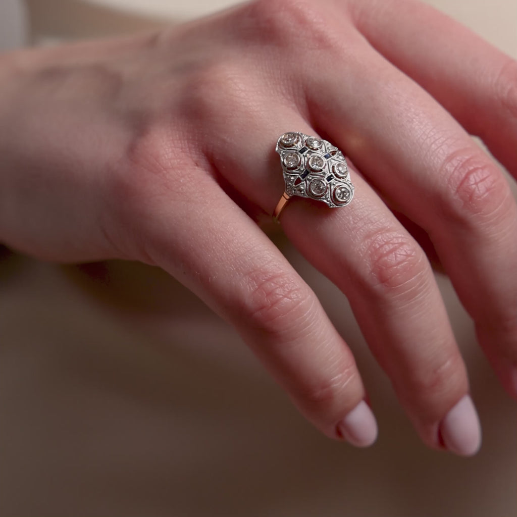 Edwardian diamond sapphire two tone navette ring