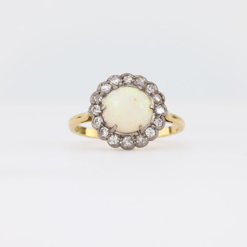 Edwardian Cabochon Cut Opal Diamond 18K Yellow Gold Cluster Ring