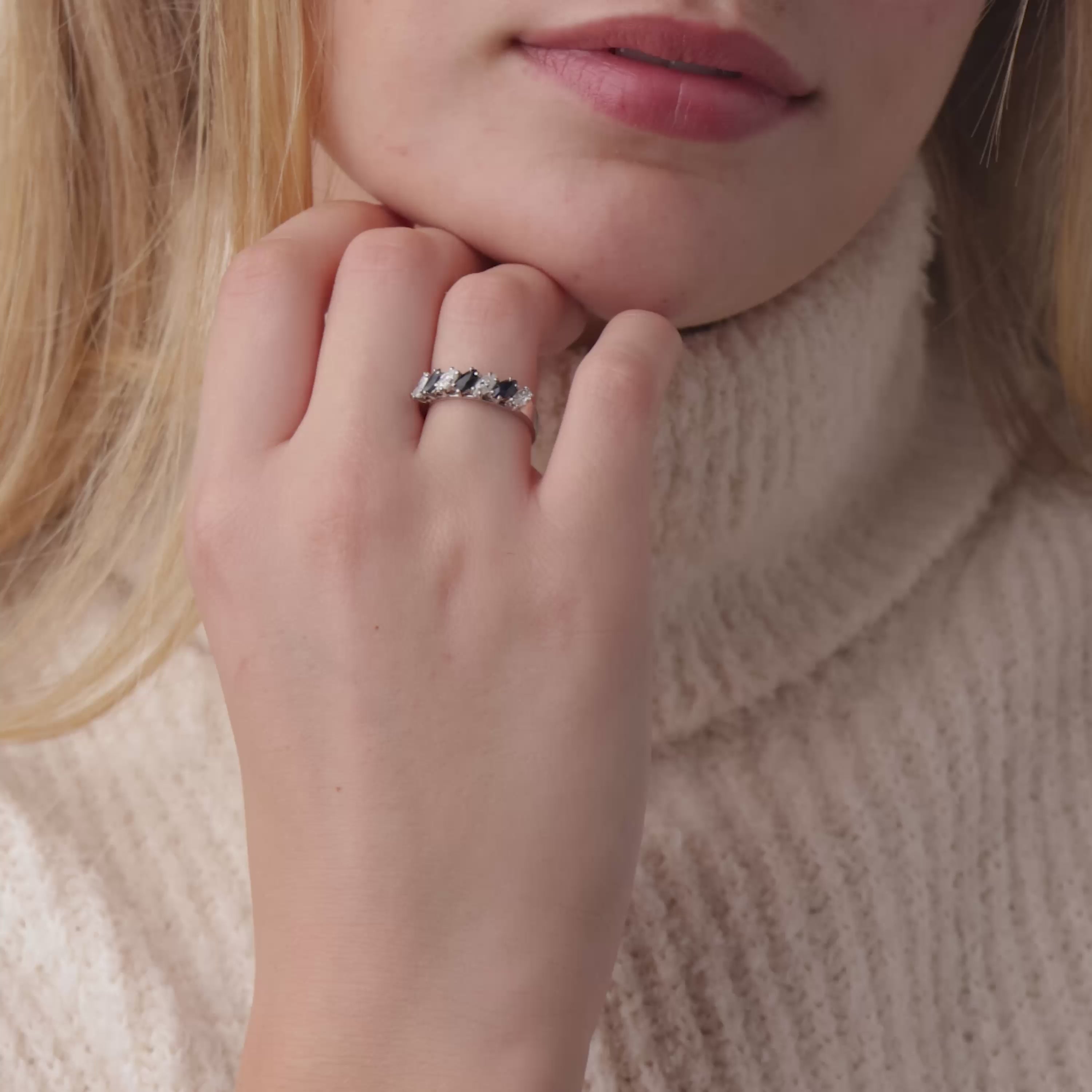 Mid Century diamond sapphire platinum band ring