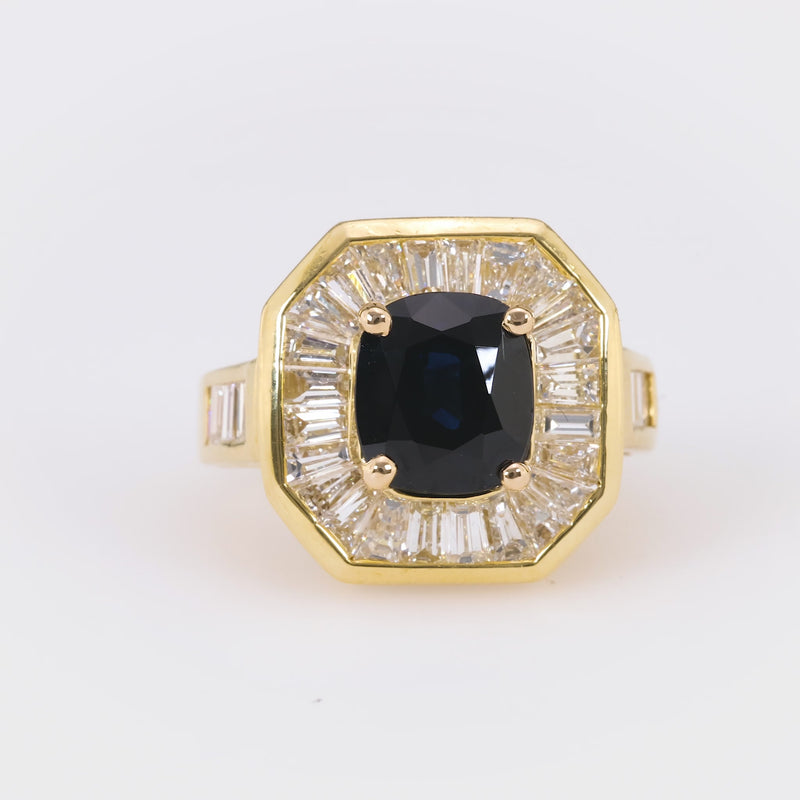 Vintage 2.60 Carat Cushion Sapphire Diamond 18K Yellow Gold Cocktail Ring