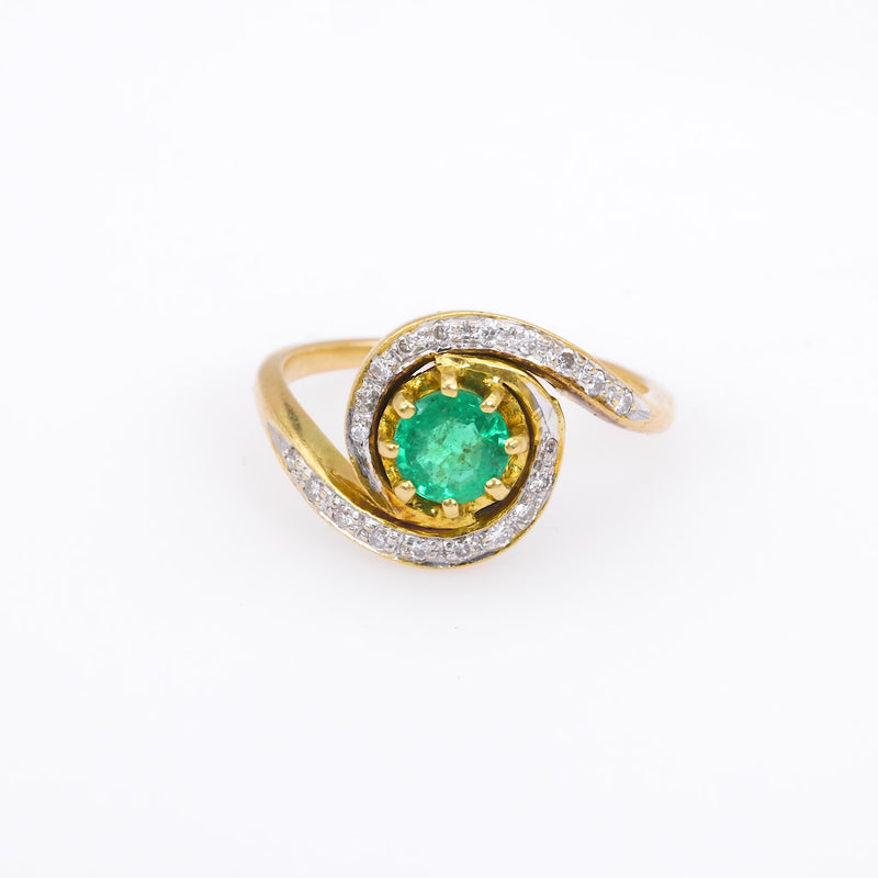 French Belle Epoque Emerald Diamond 18K Yellow Gold Swirl Ring