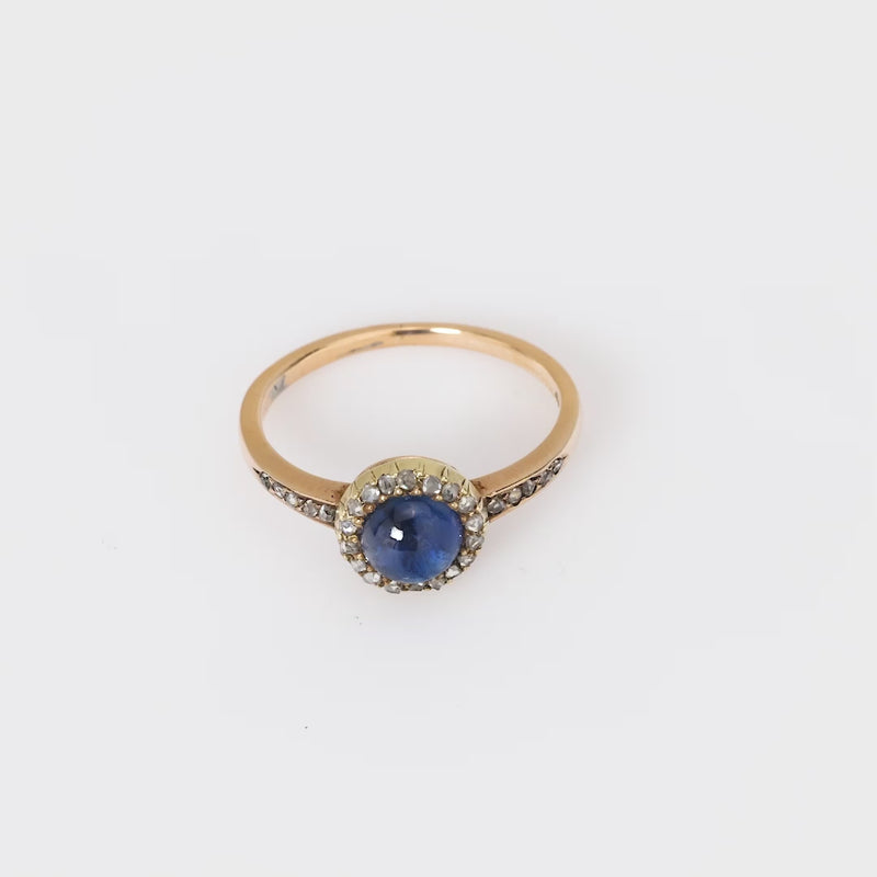 Antique cabochon sapphire diamond 14k rose gold halo ring