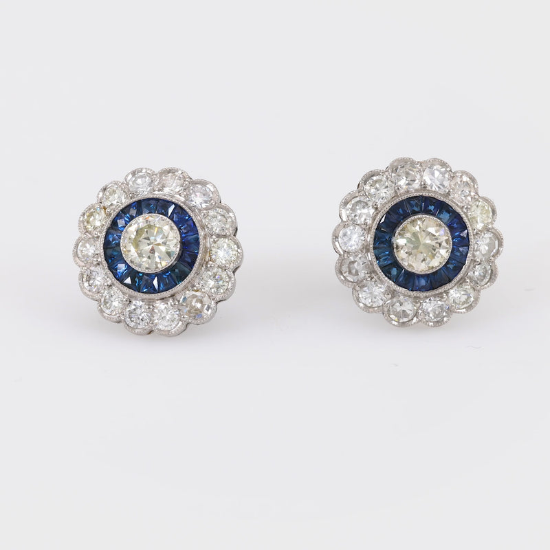 Art Deco Inspired Diamond Sapphire Platinum Halo Studs